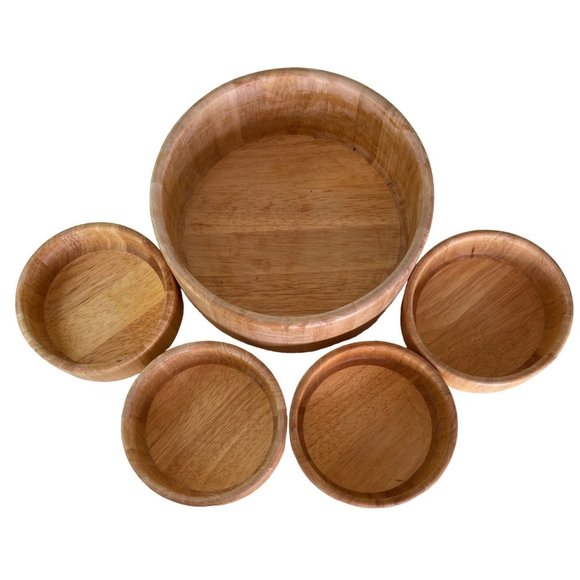 Vintage Teak Wood Salad Bowl Serving Set Made in Thailand 5 pc Set 1960's MCM - Picture 2 of 9